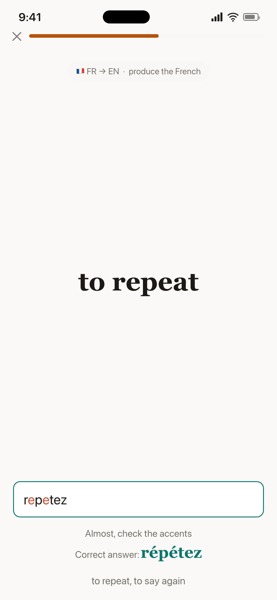 Typed recall: 'repetez' flagged for missing accents, with the correct answer répétez shown in teal